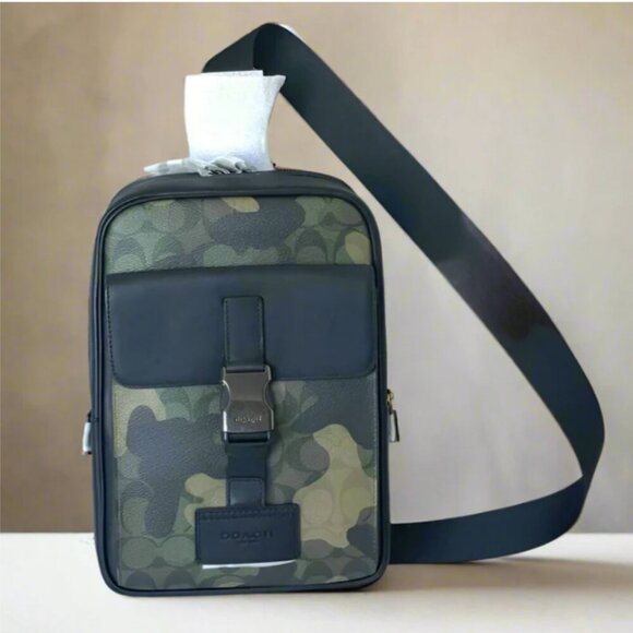 Coach Track Pack Camo Sling Signature Canvas Leather CL944 Shoulder Bag Green - Picture 1 of 14